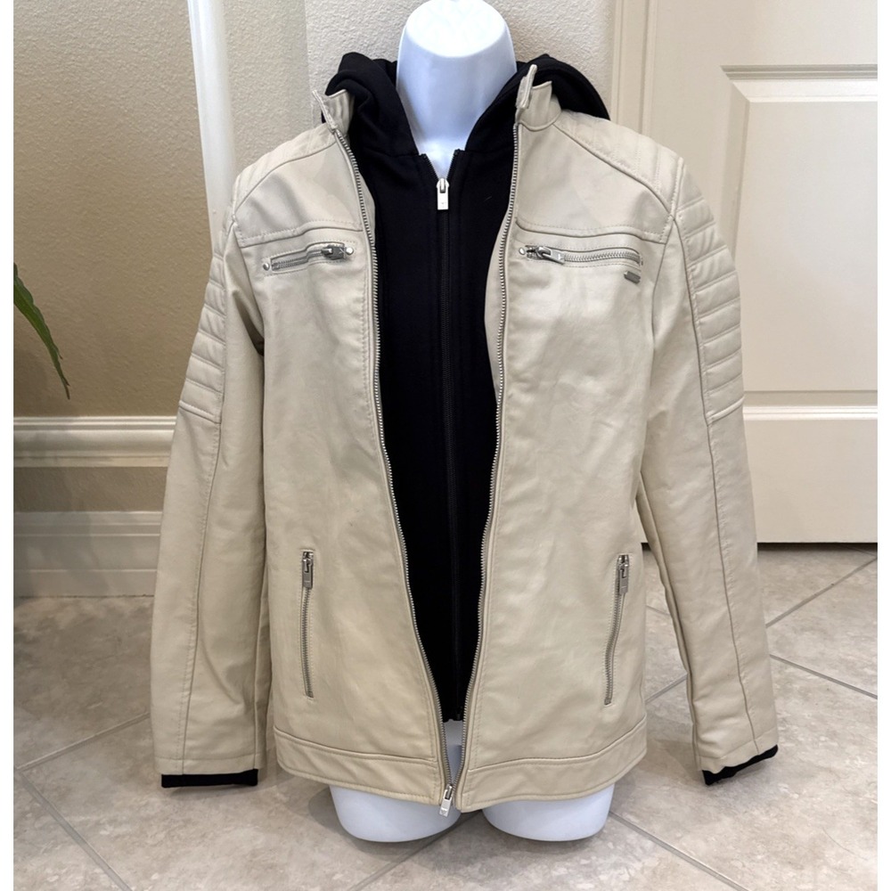Guess Beige Faux Leather Jacket Sz 16 (S/M) Hoodie Moto Y2K Biker Gorpcore